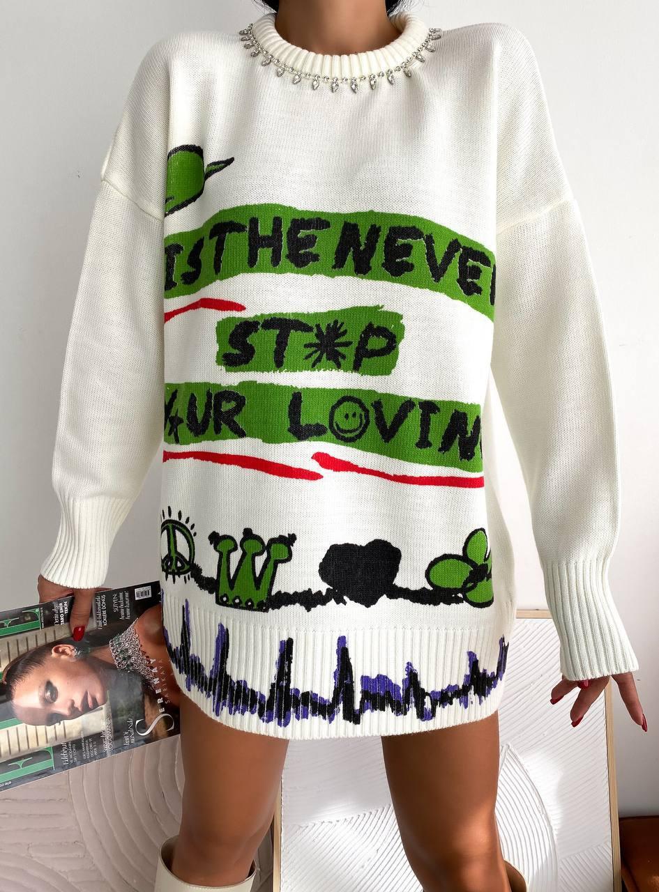 Жіночий подовжений светр із написами та принтом вільного фасону (р. 42-46) 68043091, фото 1