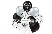 Набор шаров, "Happy birthday звезды" черный, серебро хром 10 шт. в уп.