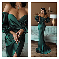 Вечернее зеленое роскошное платье атласное макси с разрезом