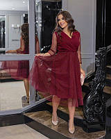 Вечернее бордовое красивое платье миди с сеткой с напылением большие размеры 52-54