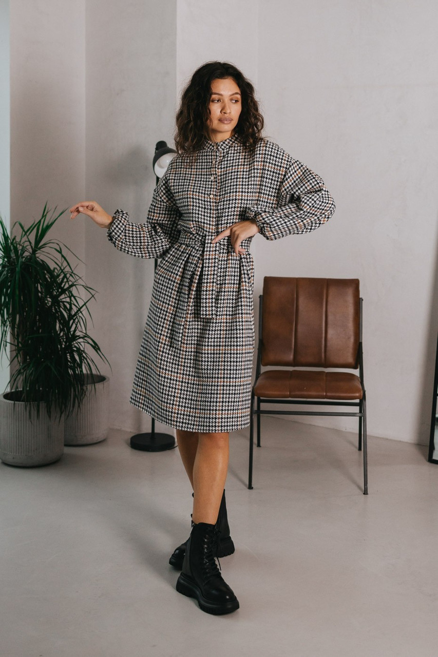 Повсякденне плаття з пишними рукавами в клітинку з поясом 42-48 розмір різні кольори, фото 1