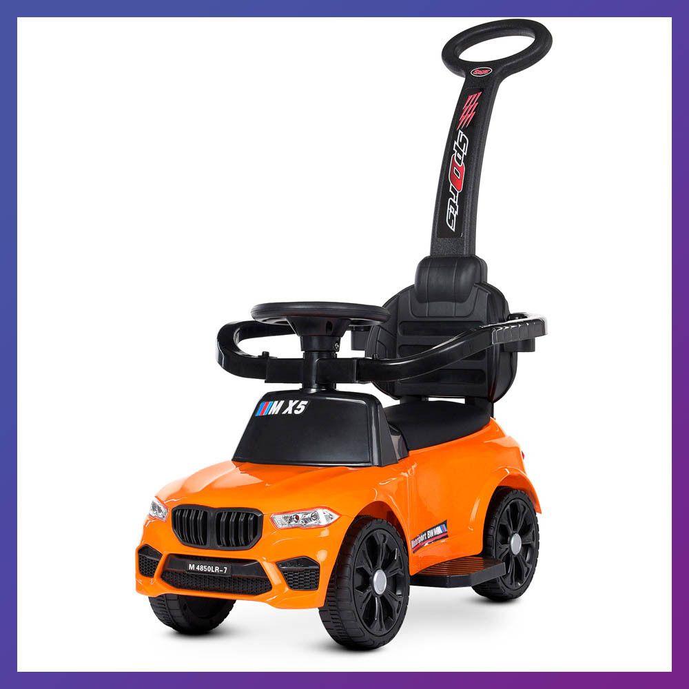 Дитячий електромобіль-толокар 2 в 1 BMW X5 M 4850 з батьківською ручкою жовтогарячий