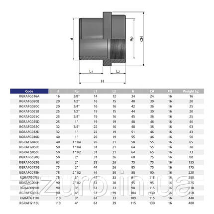 Ніпель ПВХ Effast RGRAFG032D перехідний з внутрішньою різьбою, d32x1", фото 2