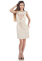 Симпатичное бежевое платье женское ленное с вышивкой Бежевый, XL