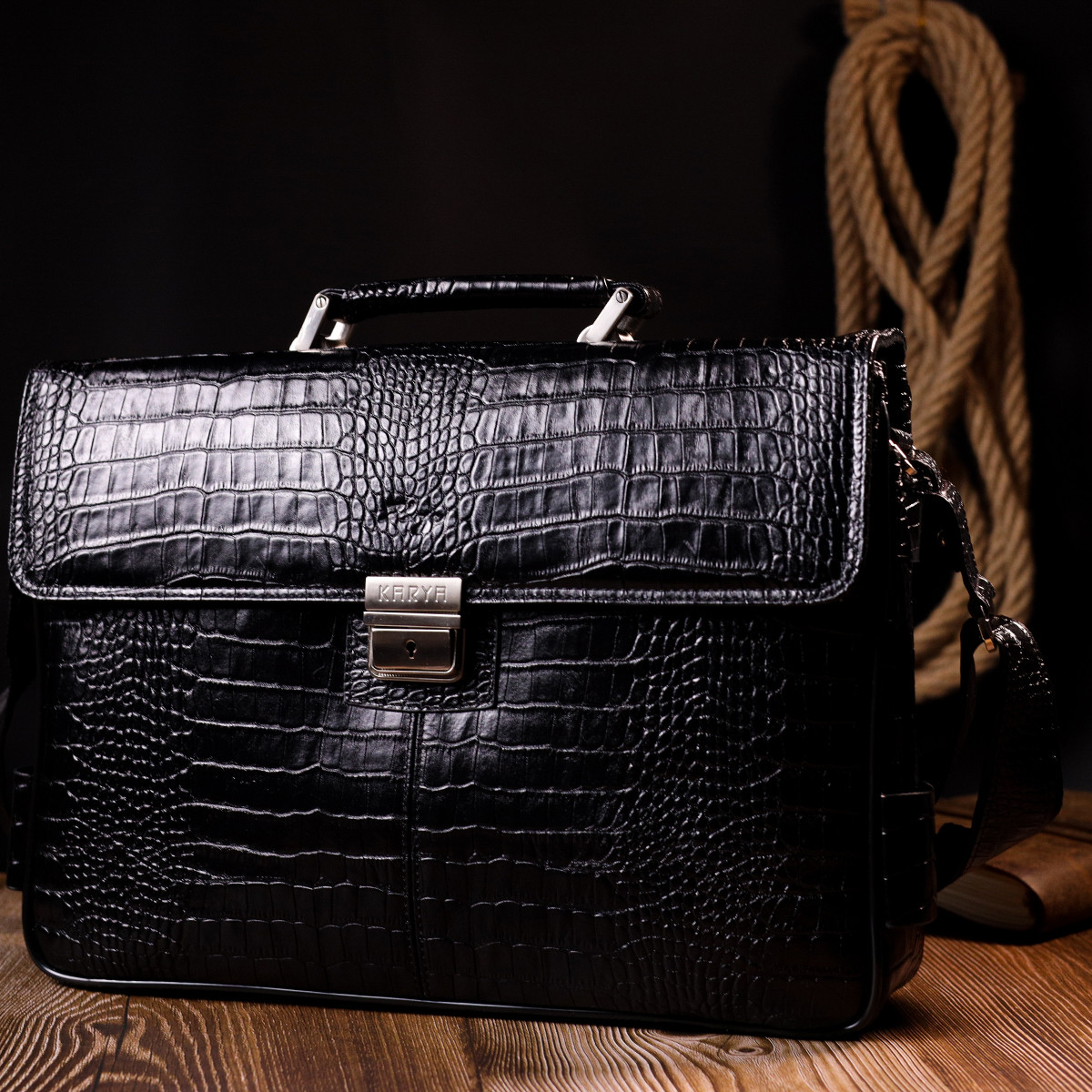 Вместительный мужской портфель KARYA 20939 кожаный Черный - фото 8 - id-p1742994903