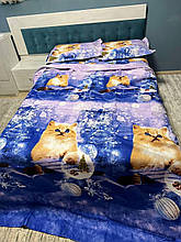Комплект постільної білизни Новорічний фланель Євро розмір 200*230 см з 4 наволочками Кошенята Синій колір