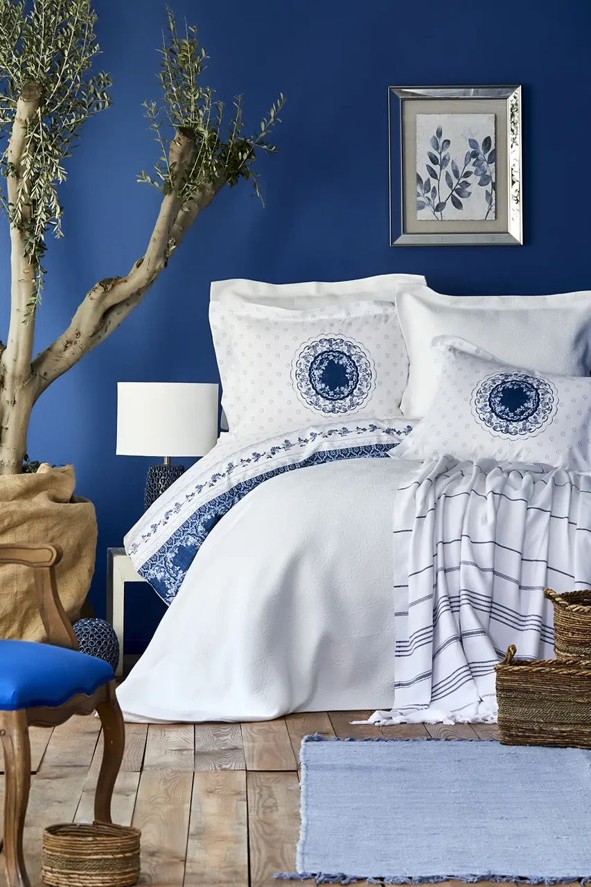 Набір постільна білизна з покривалом+піке Karaca Home - Belina mavi блакитний євро