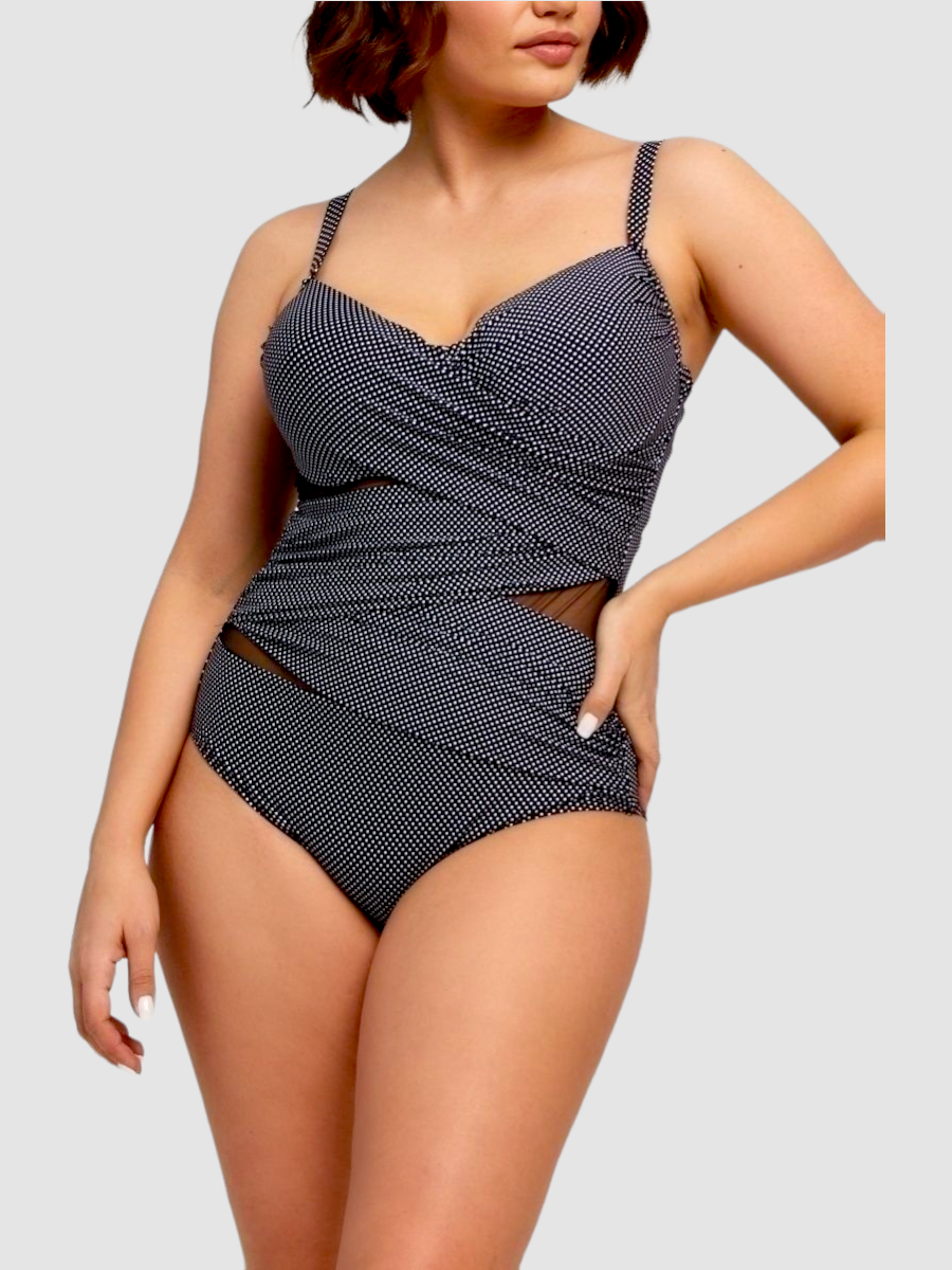 ОПТ Закритий купальник великого розміру в горошок Sisianna 3904-1 чорний на 52 54 56 58 60 розмір