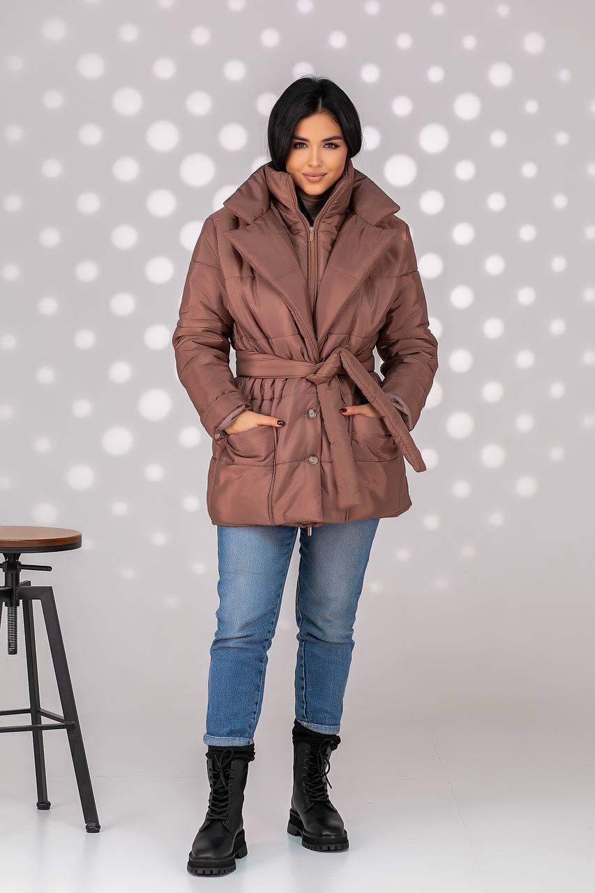 Куртка стьобана зимова кольору мокко, з поясом (50-52)