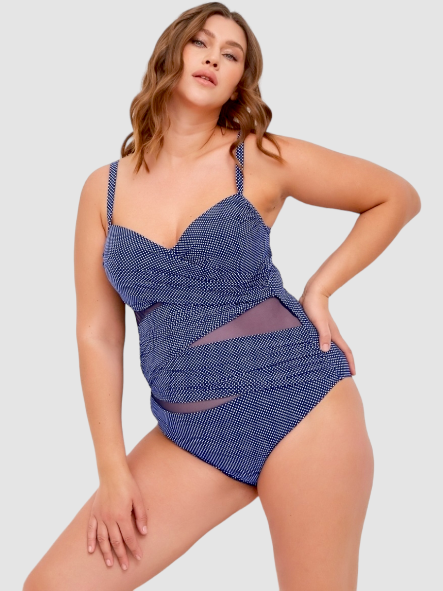 ОПТ Закритий купальник великого розміру в горошок Sisianna 3904-1 синій на 52 54 56 58 60 розмір