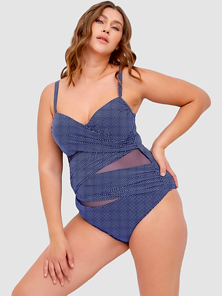 ОПТ Закритий купальник великого розміру в горошок Sisianna 3904-1 синій на 52 54 56 58 60 розмір, фото 1