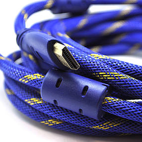 Кабель HDMI-HDMI 10m, v1.4, OD-8.0mm, 2 фільтри, обплетення, круглий Blue/Gold, конектор Blue-yellow, (Пакет), фото 2