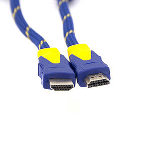 Кабель HDMI-HDMI 10m, v1.4, OD-8.0mm, 2 фільтри, обплетення, круглий Blue/Gold, конектор Blue-yellow, (Пакет), фото 2