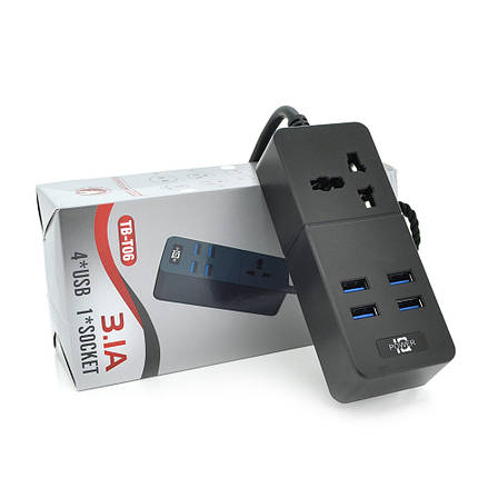 Мережевий фільтр ТВ-Т06, 1 розетка + 4 USB, 2 м, переріз 3х0,75 мм, 2500 W, Black, Box, фото 2