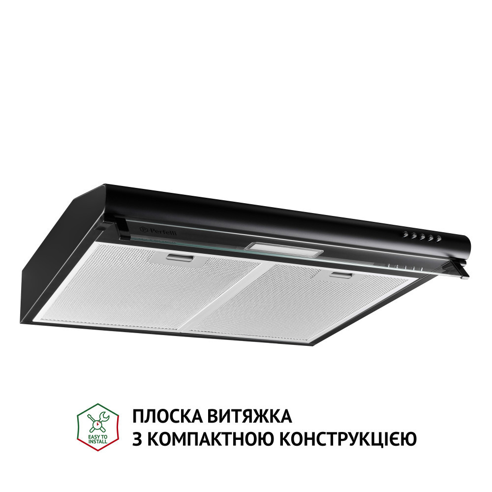 Чорна кухонна витяжка Perfelli PL 6144 BL LED, плоска стандартна, під навісну шафу, шириною 60 см, фото 1