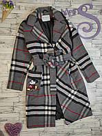 Дитяче пальто MoneKids для дівчинки з поясом сіре в клітку Розмір 152