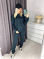 Жіночий спортивний костюм на флісі. Толстовка з капюшоном і кишенями і штани. Смарагдовий