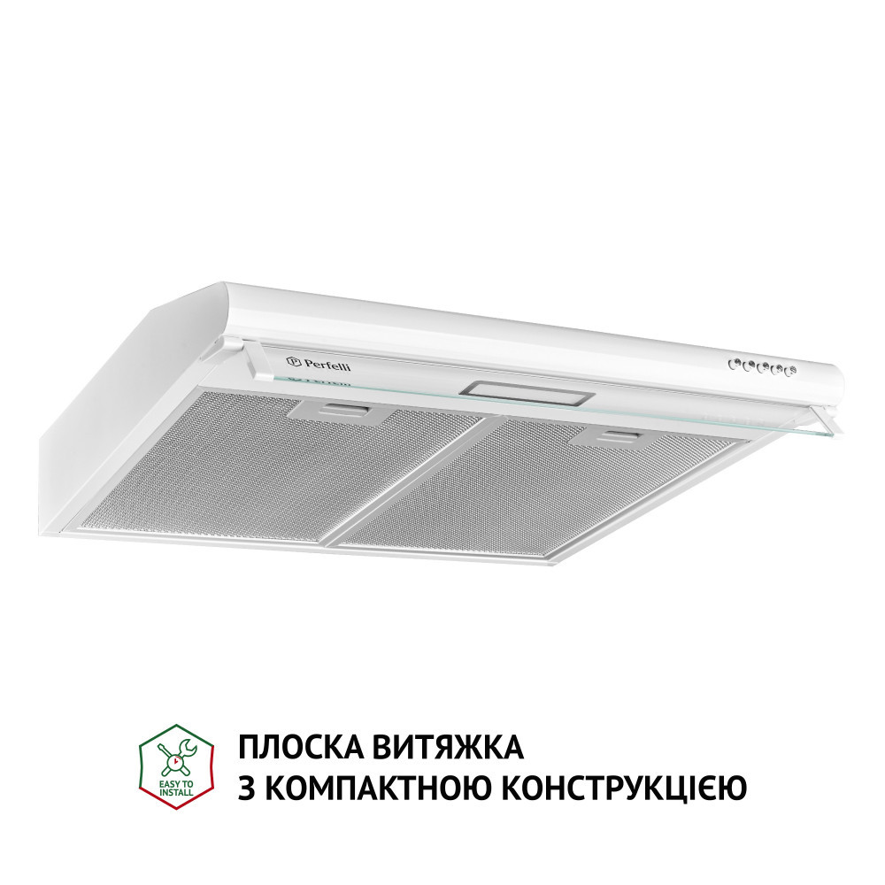 Біла кухонна витяжка Perfelli PL 6144 W LED, плоска стандартна, під навісну шафу, шириною 60 см, фото 1