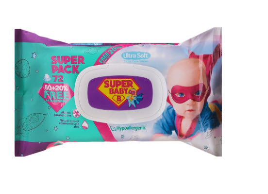 Дитячі вологі серветки Super Baby "Ромашка і алое вера", 72 шт