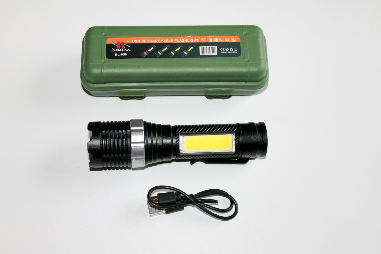 Ліхтарик ручний BL-659 на акумуляторі Zoom заряджання USB з бічною панеллю