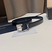Женский черный кожаный ремень Yves Saint Laurent Ив Сен Лоран YSL кожа ремень серебряным логотипом пояс 2 см