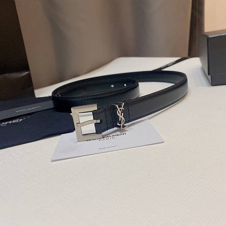 Жіночий чорний шкіряний ремінь Yves Saint Laurent Ів Сен Лоран YSL шкіра ремінь срібним логотипом пояс 2 см, фото 1