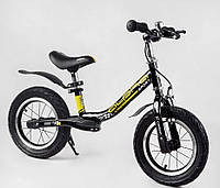 Беговел (велобег) детский колеса 12 дюймов надувные Corso "Alpha Sport" 10631 с ручным тормозом / черно-желтый