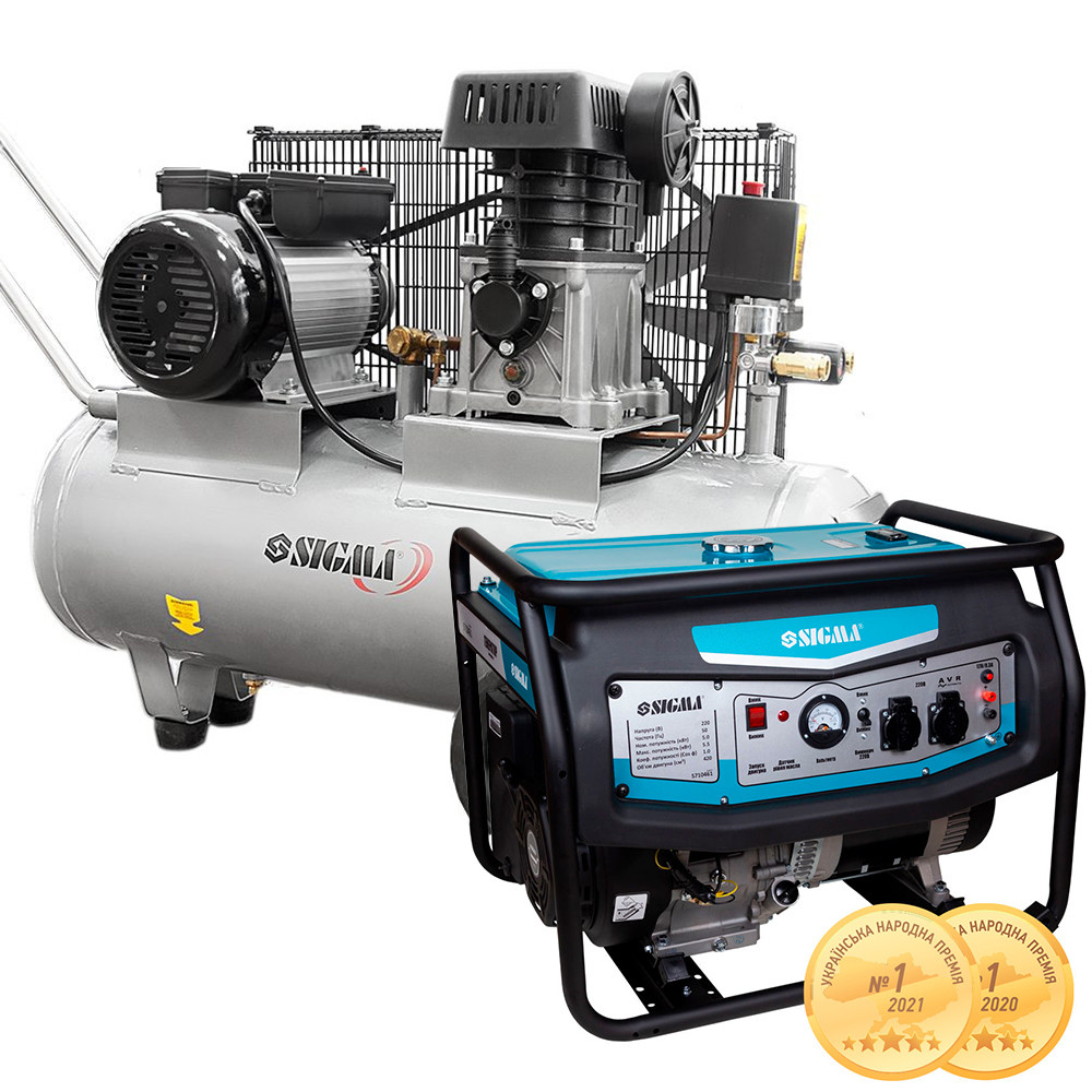 Набір генератор 5.0/5.5кВт 4-тактний ручний запуск + Компресор двоциліндровий ремінний 2.5 кВт 335 л/хв, фото 1