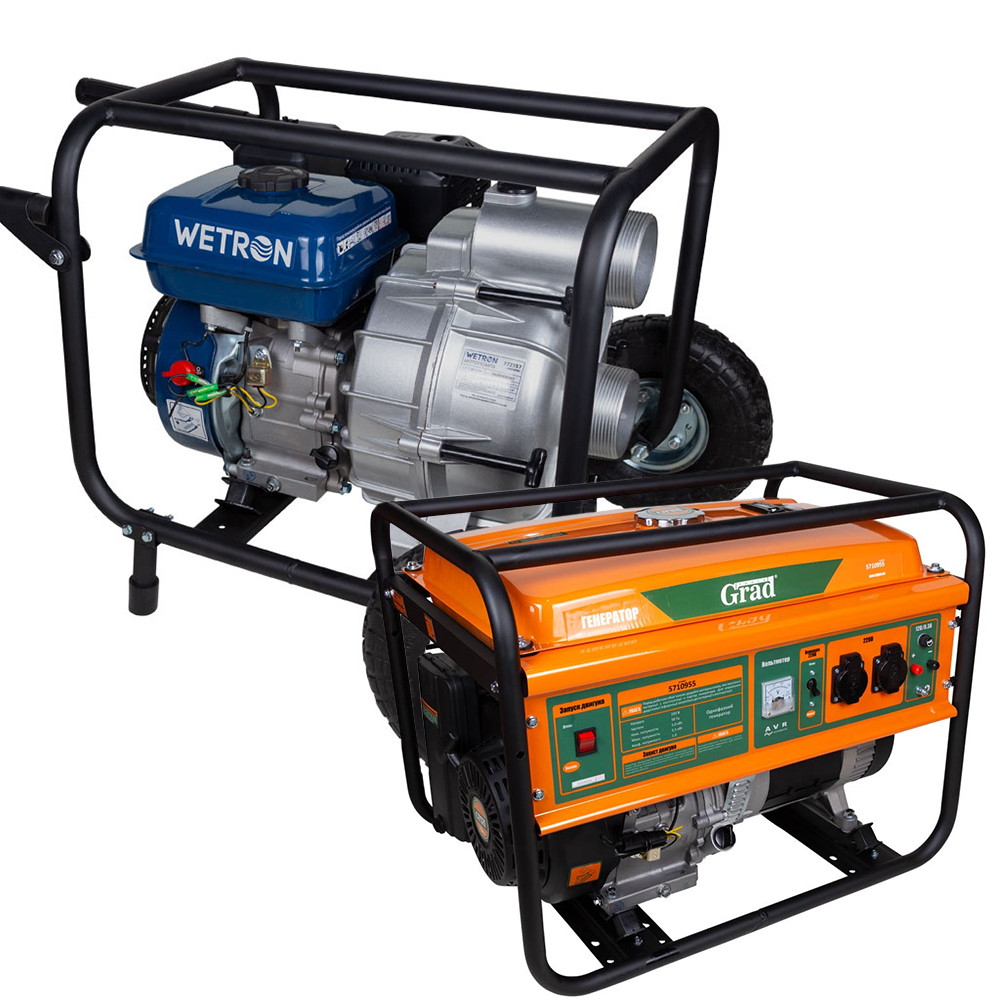 Набір генератор 5.0/5.5 кВт 4-тактний ручний запуск Grad + Мотопомпа 7.5 л. Hmax 26 м Qmax 60 м3/год (4-х, фото 1