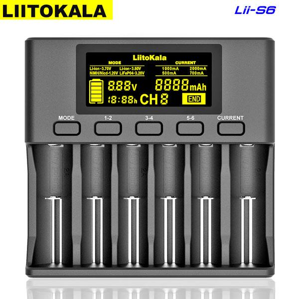 Lii-S6 LiitoKala, зарядний пристрій на 6 каналів для AA, AAA, 18650, 26650, 21700 Li-ion, LiFePo4, Ni-Mh