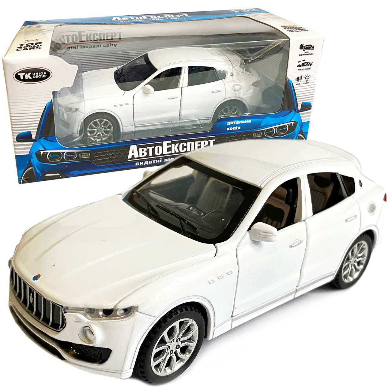 Іграшкова машинка металева Maserati Levante Мазераті Леванте біла, звук, світло, інерція, відкр. двері, капот, багажник, 14*6*5 см, фото 1