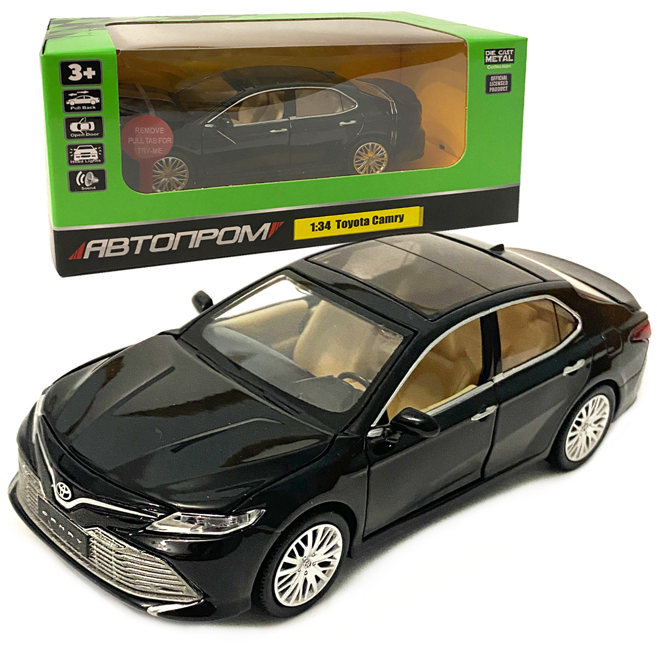 Машинка іграшкова металева Toyota Camry 70 Автопром Тойота кемрі, чорна світ, звук, відкр. двері, баг., капот 14,5*5,5*4 см