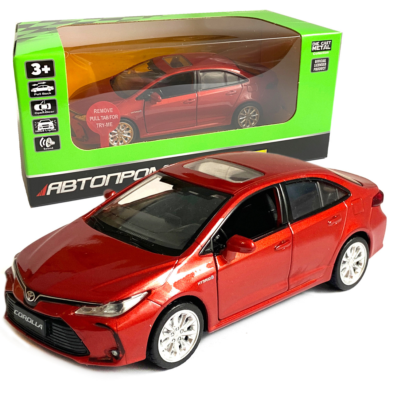 Машинка іграшкова металева Toyota Corolla Hybrid Автопром Тойота Королла гібрид, червона, світло, звук, відкр. двері, 14*6*4 см, фото 1