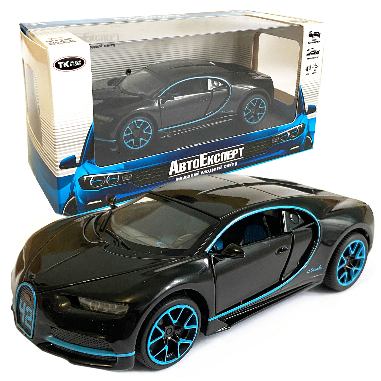 Ігрова машинка Бугатті Широн "Автопром" Bugatti Chiron (1:32) чорна. інерц., світ, звук, відкр. двері,14*6*5 см (LF - 83880), фото 1