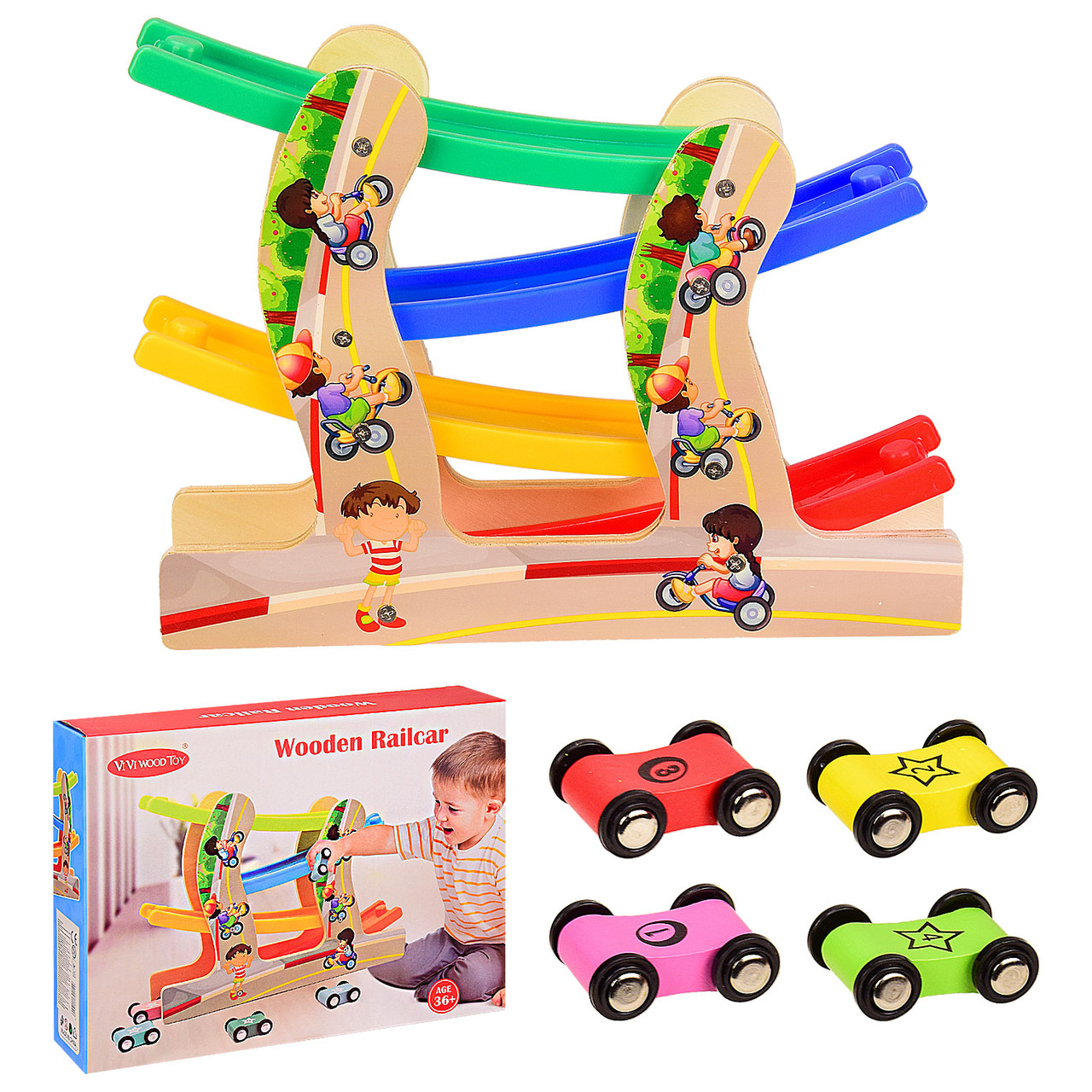 Дерев'яна іграшка Woody Трек машинки 4 штуки (VV212), фото 1