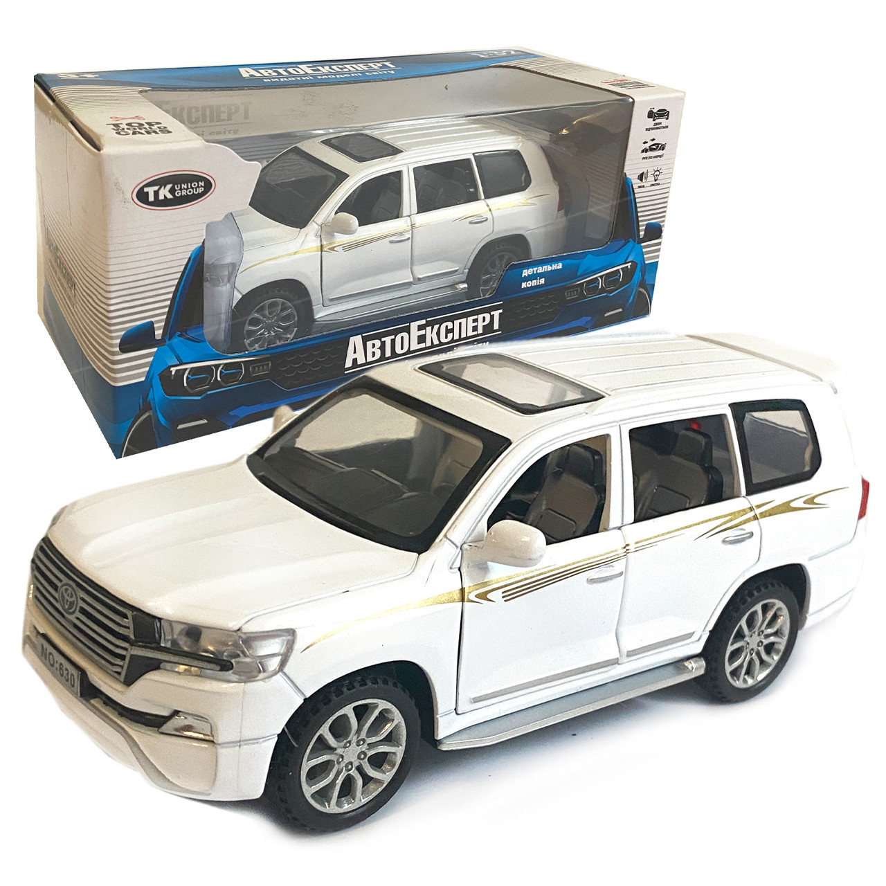 Машинка металева Toyota Land Cruiser "AutoExpert" Тойота джип білий , звук, світло, інерц., відкр. двері, багаж, капот, 15*6*6 см