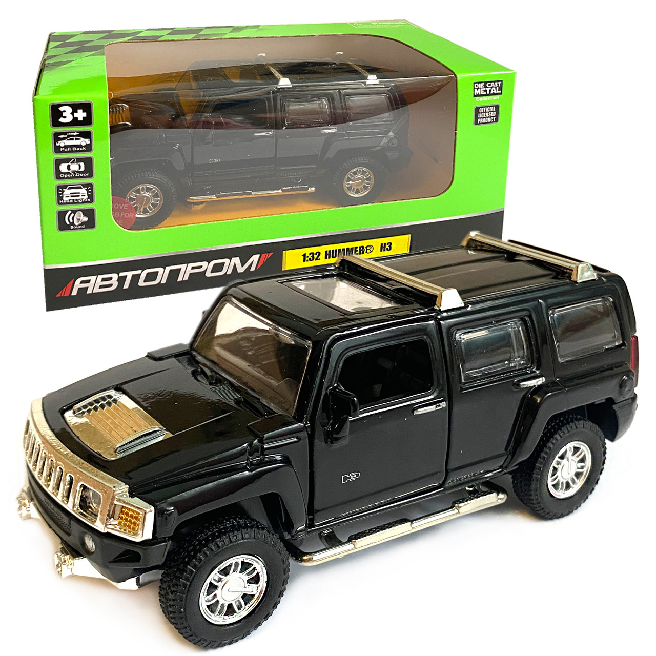Машинка маталева дитяча Hummer H3 «Автопром» Хамер H3, чорна, світ, звук, відкр. двері, баг., 15*6*6 см (68321), фото 1