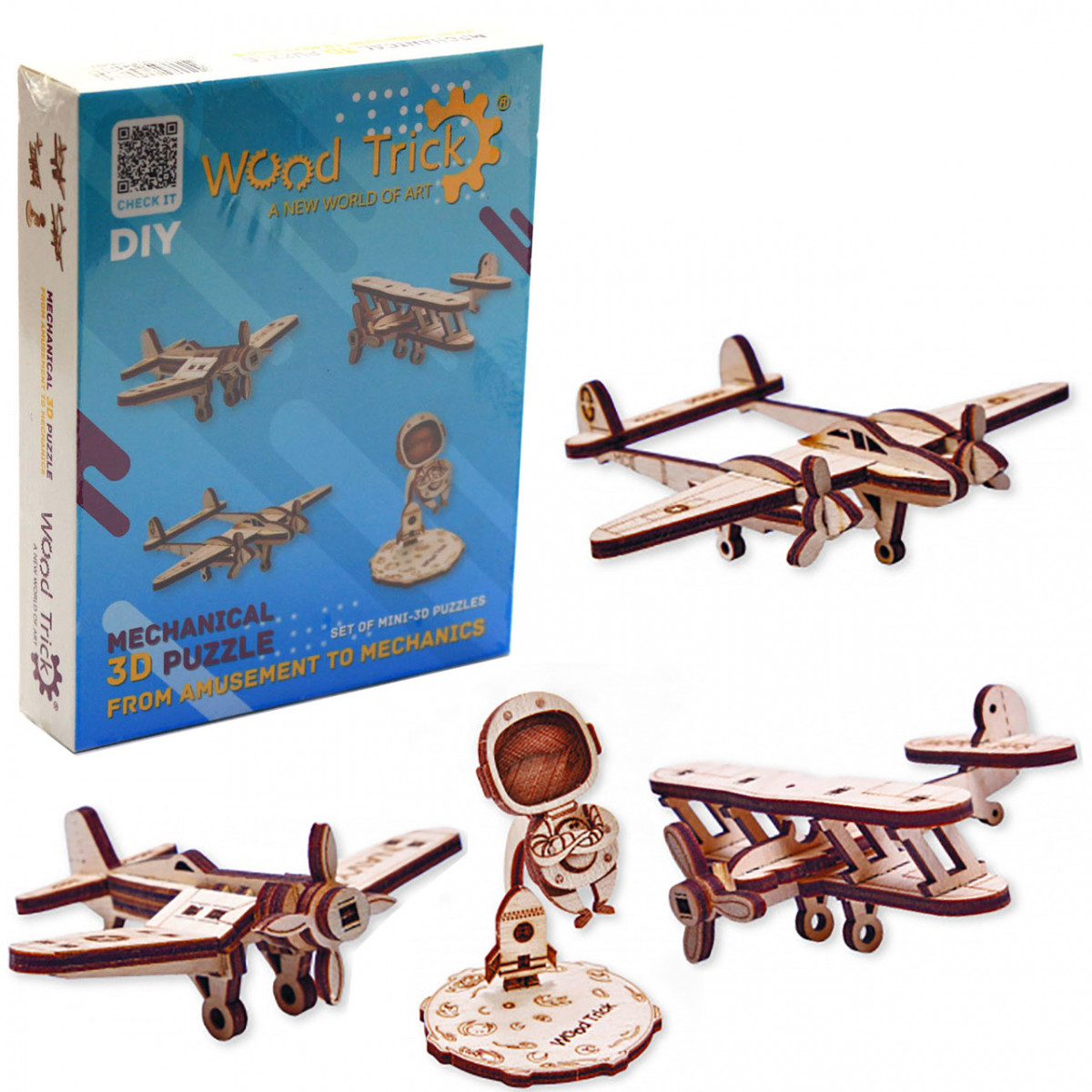 Дерев'яний конструктор Wood Trick міні-3D пазлів №1 (літаки - 3 шт, космонавт), фото 1