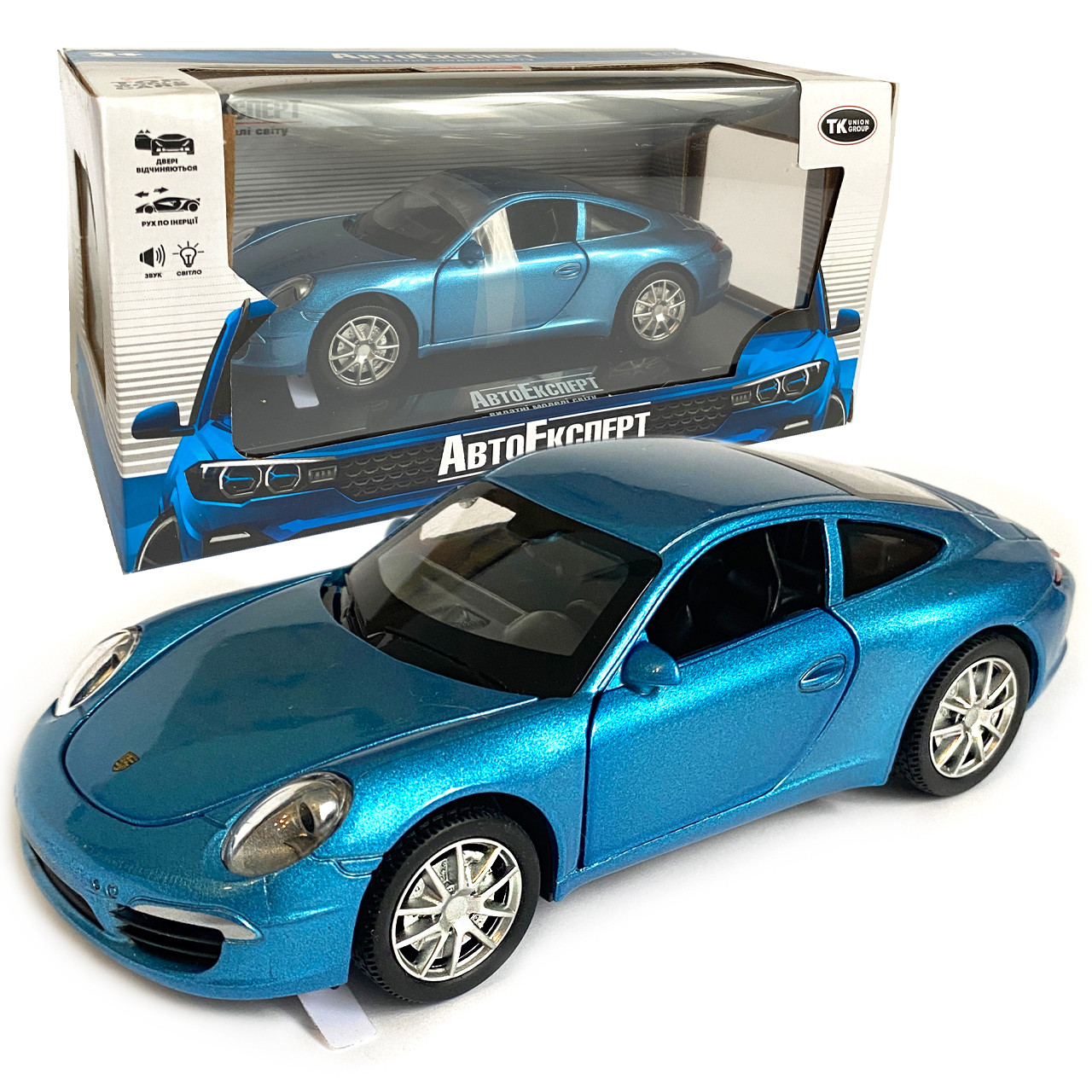 Машинка іграшкова Porsche Carrere 911 S «АвтоЕксперт» Порше каррере 911 s, метал, синя, підсвітка фар, звук, інерція, відкр.
