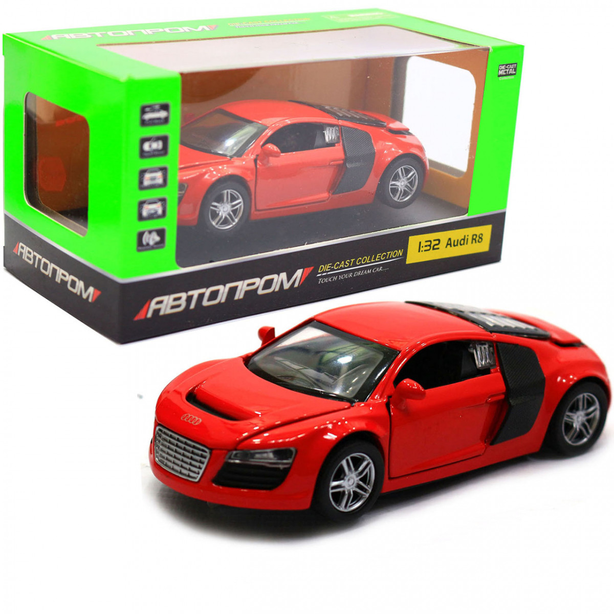 Машинка іграшкова Автопром «Audi R8» метал, 13 см, червоний, світло, звук, двері відчиняються (3201D)
