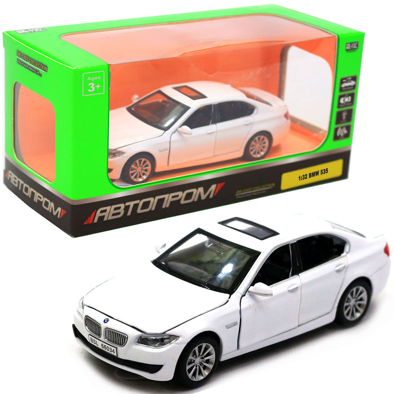 Машинка іграшкова Автопром «BMW 535» 1:32, 14 см, білий, світло, звук, двері відчиняються (6605)