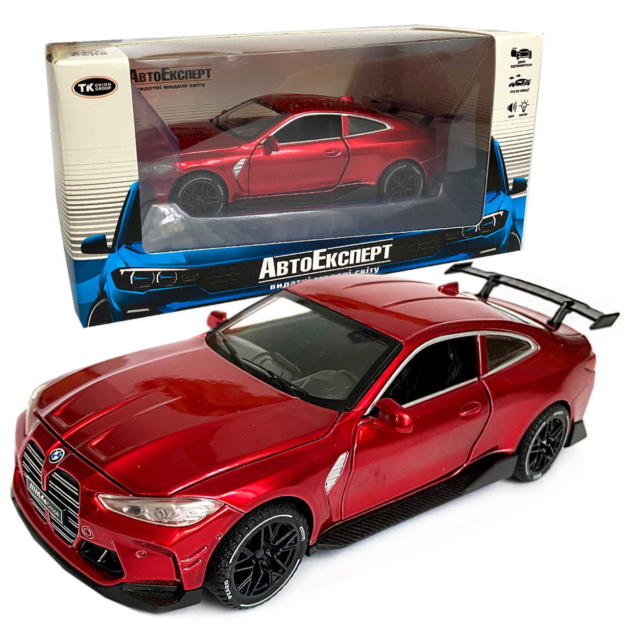 Іграшкова машинка металева BMW M4 Coupe АвтоЕксперт БМВ, червоний, звук, світло, інерція, відкр. двері, капот, багажник, 15*7*5 см, фото 1