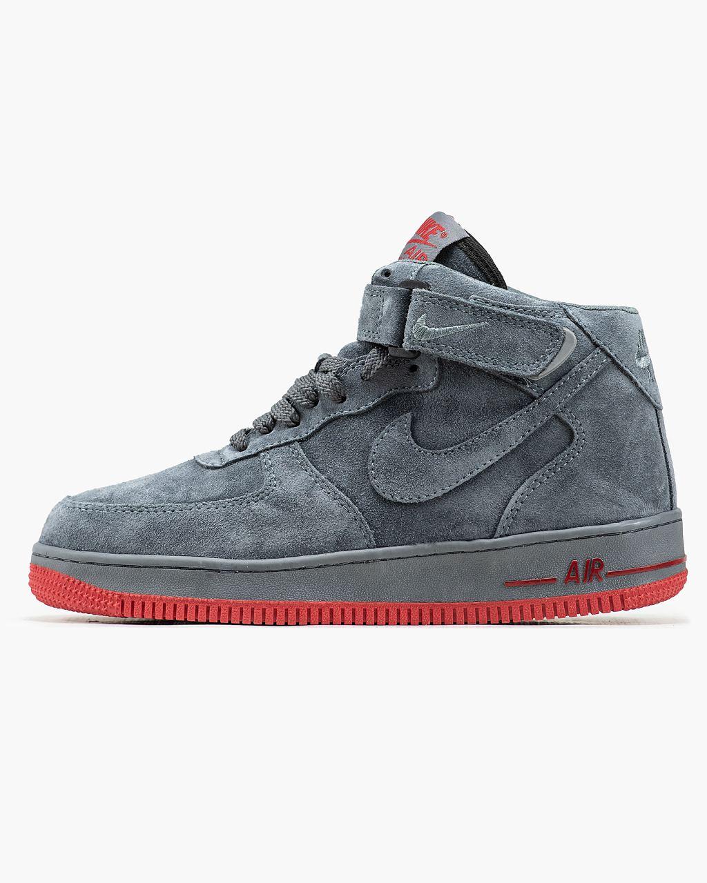 Зимові Кросівки Nike Air Force 1 Winter High Grey Red / Найк Аїр Форс 1 Вінтер Високі Сірі з Червоним (Хутро)