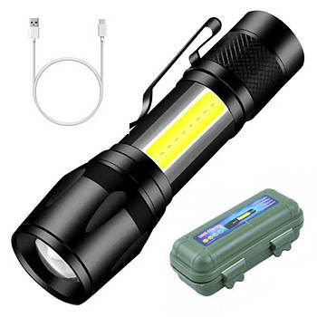 Акумуляторний ручний ліхтар із USB, бічним світлом та ZOOM HB-513-XPE+COB / Тактичний ліхтарик з кейсом