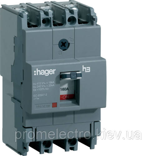 Автоматичний вимикач Hager, 160А, 3п, 18kA, Тфікс./Мфікс, HDA160L