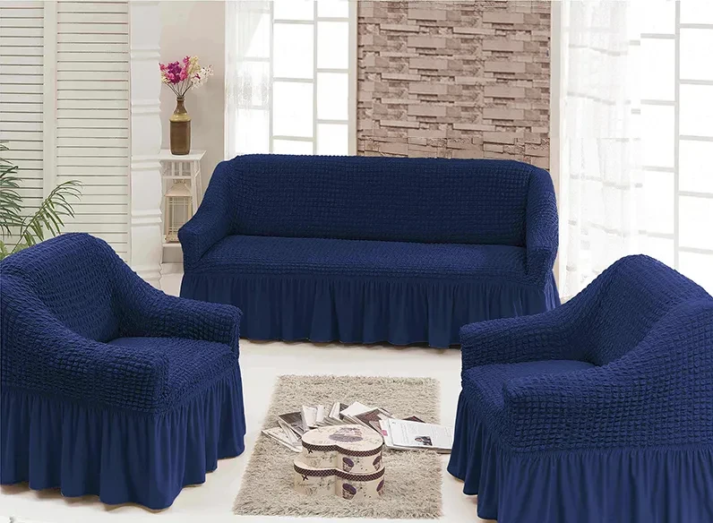 Чехол натяжной диван и 2 кресла с юбкой жатка с оборкой универсальный Синий 12 Турецкий, фото 1