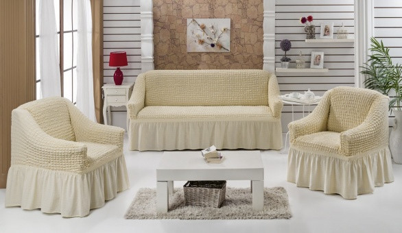 Чехол натяжной диван и два кресла накидка мягкой мебели с юбкой съемный кремовый Home Collection Evibu Турция, фото 1