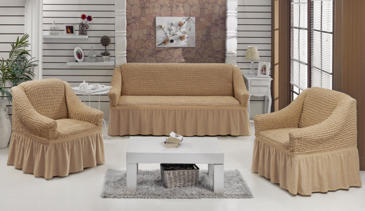 Чехол натяжной диван и два кресла накидка мягкой мебели с юбкой съемный молочный Home Collection Evibu Турция, фото 1