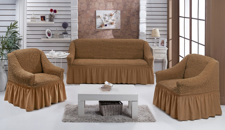 Чехол натяжной диван и два кресла накидка мягкой мебели с юбкой съемный коричневы Home Collection Evibu Турция