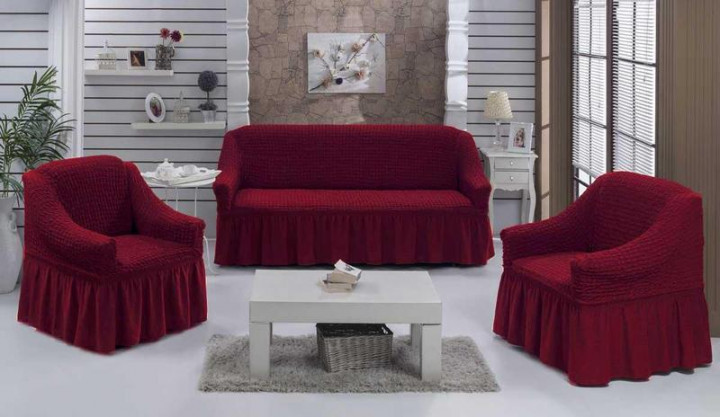 Чехол натяжной диван и два кресла накидка мягкой мебели с юбкой съемный бордо Home Collection Evibu Турция, фото 1